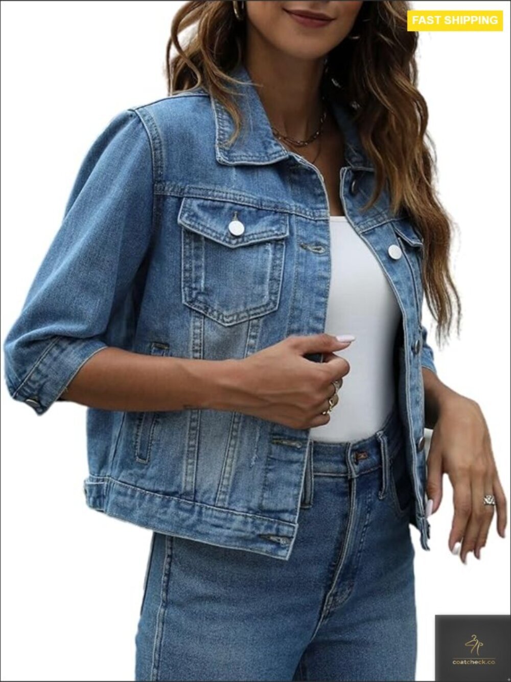 Light Wash Cropped Denim Jacket 3/4 Sleeve Distressed Button Down Trucker Coat